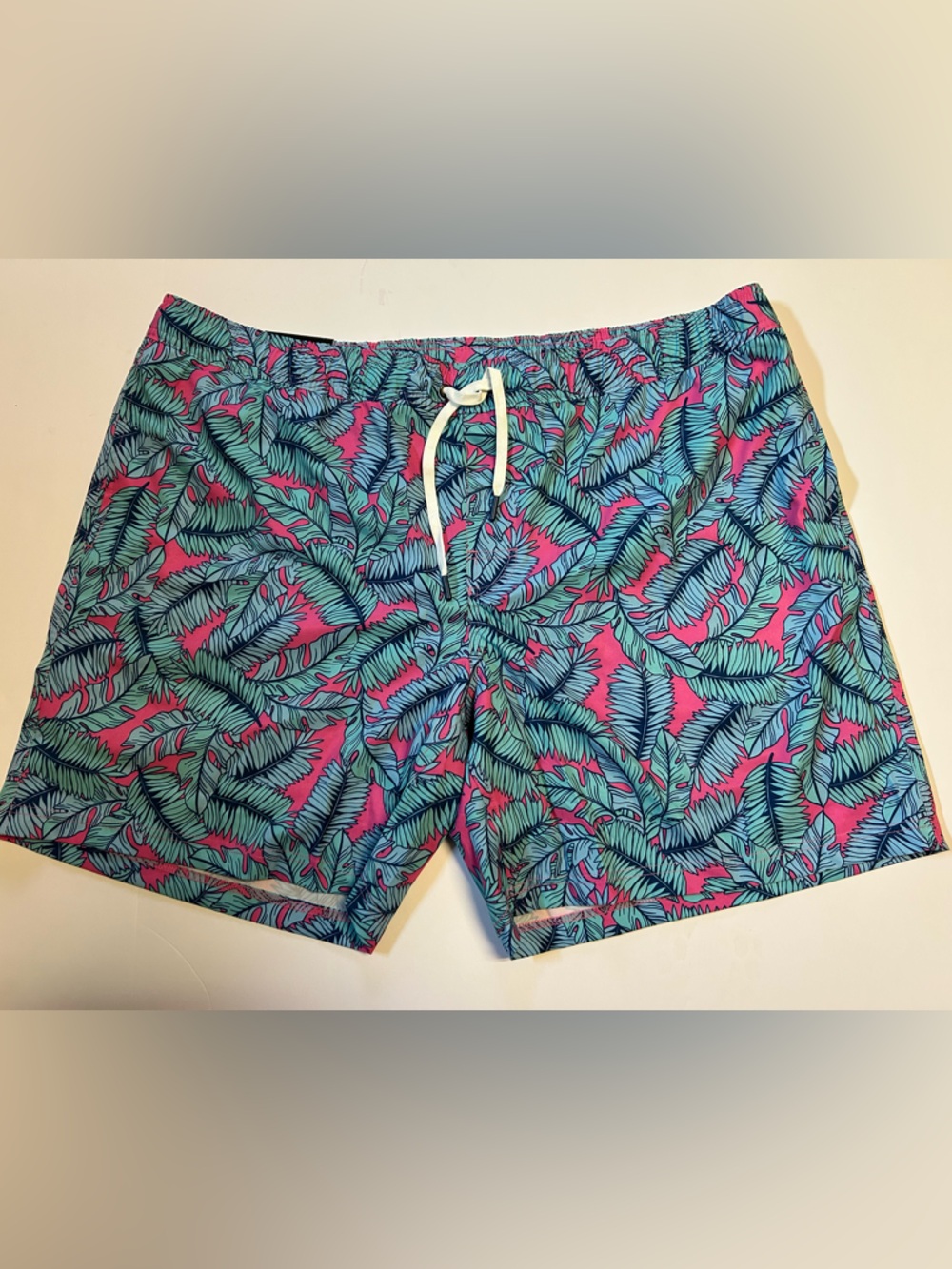 Men’s  Tropical Leaf Print Drawstring Resort Swim Trunks XXL New - Pink/Teal